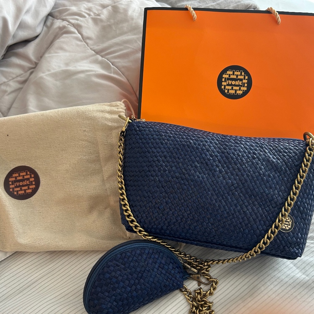Beautiful blue hand woven sling bag, brand new